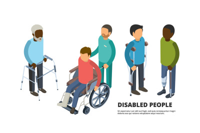 Invalids isometric. Defective adult peoples with broken legs medicine