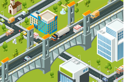 Isometric city bridge. Train railway viaduct urban landscape 3d map ro