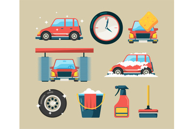 Car wash icon set. Foam roller washing machines cleaning auto service