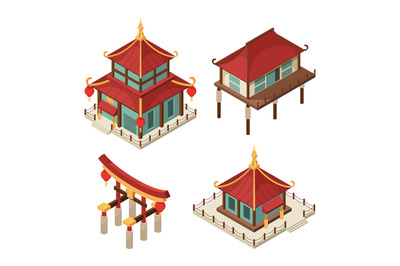 Asian buildings isometric. Chinese gate traditional japanese houses pa