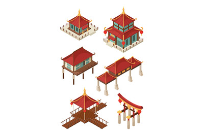 Asian architecture isometric. Traditional chinese and japan houses bui