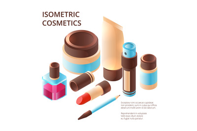 Makeup collection isometric. Professional beauty colorful items shadow