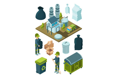 Waste recycle isometric. Refuse garbage facility sort plastic containe