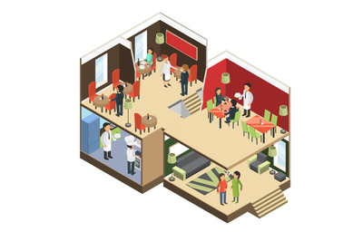 Restaurant interior. Isometric bar cafe buffet building with eatting g