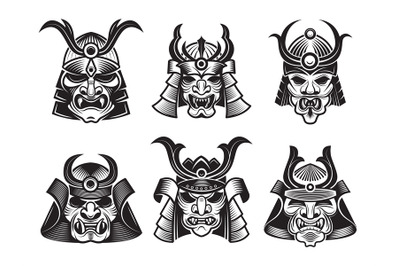 Asian martial mask. Japanese samurai face armour warrior vector illust