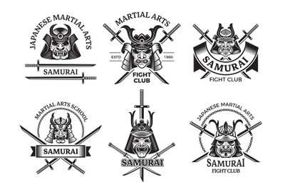 Martial asian labels. Samurai agressive warrior masks and sword katana