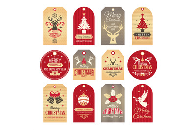 Christmas labels. Holiday tags and badges with funny winter new year e