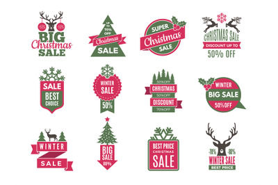 Christmas sale tags badges. Holidays best offers labels with big disco