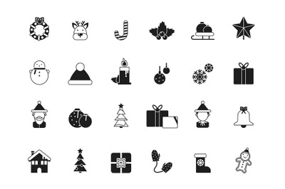 Christmas icons. Bells and santa, elf and celebration gifts, green tre