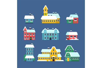 Snow roof houses. Cold season urban snowy city snowstorm with snowflak