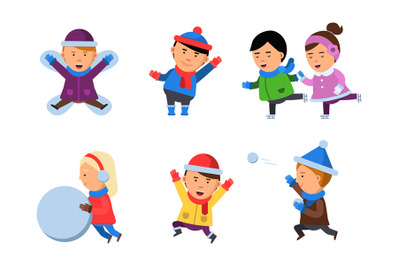 Winter kids clothes. Characters playing games in action poses cheering