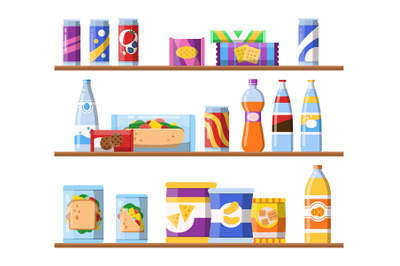 Beverage food on shelves. Fast food snacks biscuits and water standing
