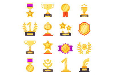 Awards icons. Trophy medal prize with ribbons for winners vector flat