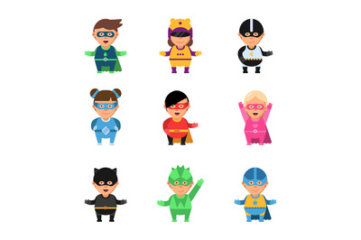 Kids superheroes. Cartoon 2d game characters of heroes in mask cute ma