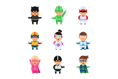 Little superheroes. Hero comic cartoon 2d figures of kids in colored m