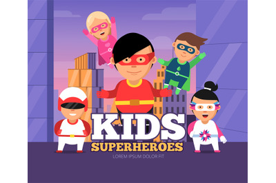 City kids heroes. Urban landscape with childrens male and female super