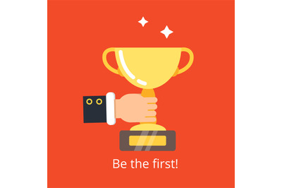 Hand holding trophy. Business victory concept golden cup achievement f