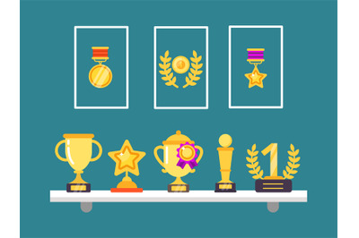 Achievements on shelves. Wall trophy golden cups and medals in frames