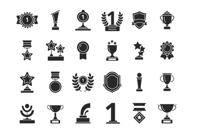 Winners trophies icons. Cups awards medals with ribbons vector black s