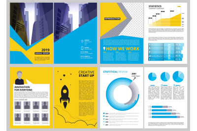 Annual report pages. Modern brochure layout with abstract shapes and p