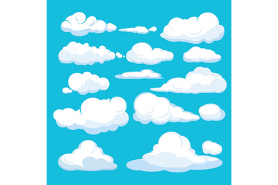 Cartoon clouds. Blue sky aerial cloudscape blue clouds different forms