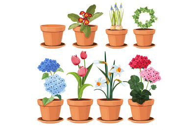 Flowers pot. Decorative colored plants grow at home in funny pots vect