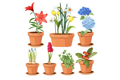 Modern flower pots. Colored decorative plants tree tulip vector illust