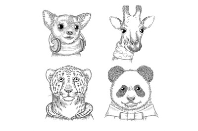 Fashion animals. Hand drawn hipster porterts in various funny clothes