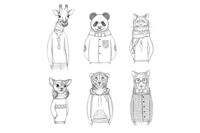 Fashion animal characters. Hipster hand drawn pictures animals in vari