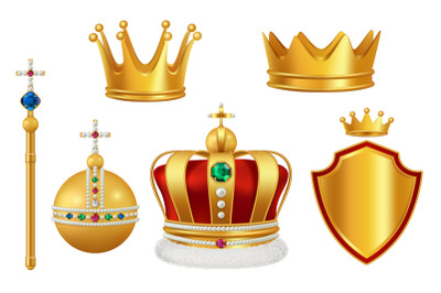 Golden royal symbols. Crown with jewels for knight monarch antique tru