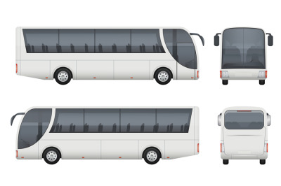 Travel bus realistic. Tourism autobus mockup cargo car front side view