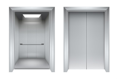 Elevator doors. Closing and opening lift metallic in office building v