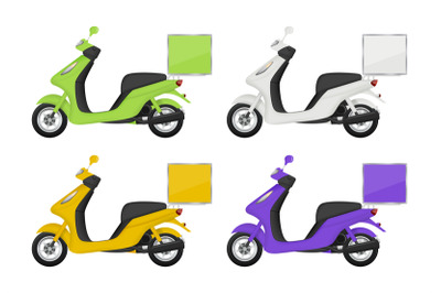 Motorbike colored. Views of delivery service transport scooter top sid