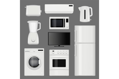 Home appliances realistic. Modern stainless steel kitchen tools vector