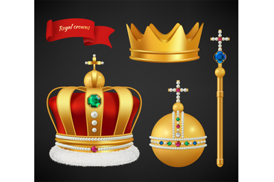 Royal crowns. Luxury premium medieval gold symbols of monarchy scepter