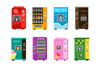 Vending machines. Automatic selling foods snacks and drinks coffee ice