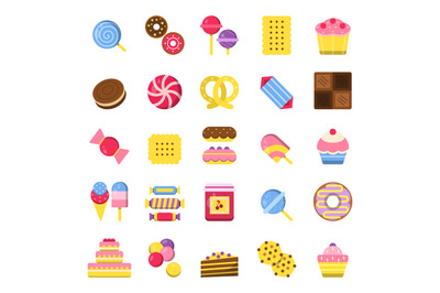 Sweets and pie icons. Pancakes candies chocolate biscuits and ice crea