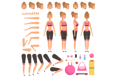 Sport girl animation. Fitness female characters body parts arms hands