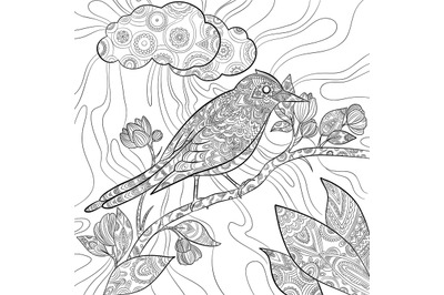 Coloring pages bird. Wild flying animal in sitting on branch vector na