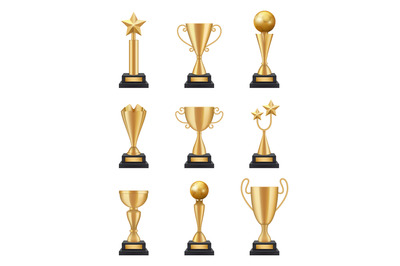 Golden cup realistic. 3d sport competition winning trophies medals vec