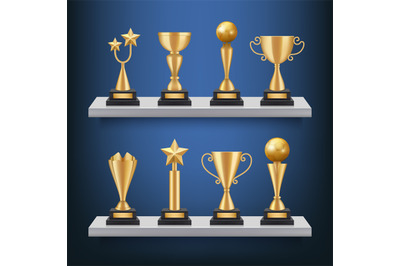 Awards shelves. Trophies medals and cups on bookshelf vector realistic