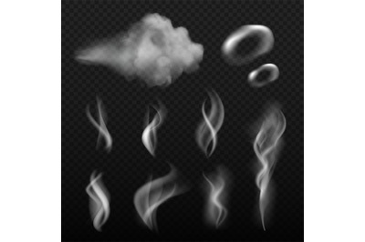 Steam and smoke. Vape shapes hot kitchen smell vector realistic pictur