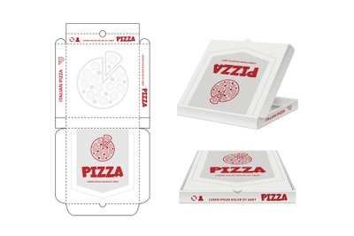 Pizza box design. Unwrap fastfood pizza package realistic template bus