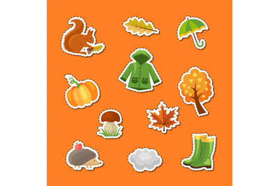 Vector cartoon autumn elements and leaves stickers set illustration