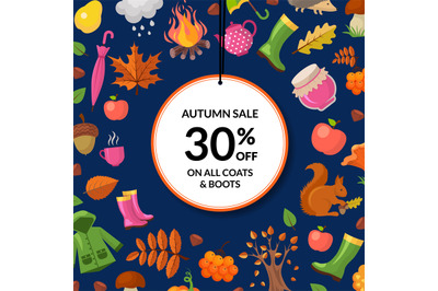 Vector cartoon autumn elements and leaves sale background with place f