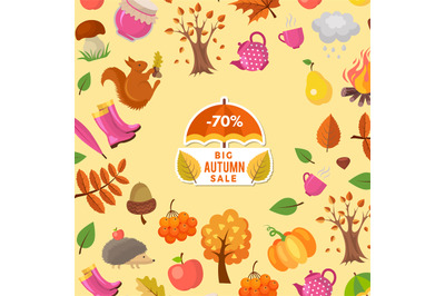 Vector cartoon autumn elements and leaves sale background with place f