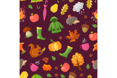 Vector cartoon autumn elements and leaves pattern or background illust