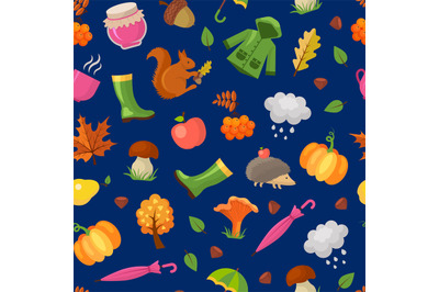 Vector cartoon autumn elements and leaves pattern or background illust