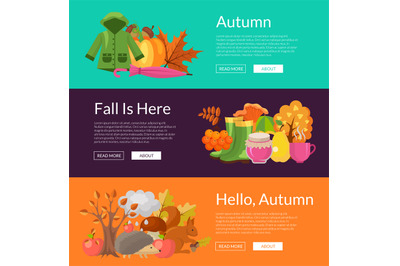 Vector cartoon autumn elements and leaves web banner templates illustr