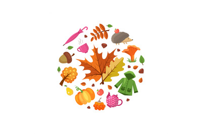 Vector cartoon autumn elements and leaves in circle shape illustration